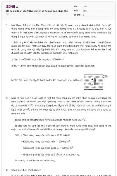 Đề thi Vật lý ôn vào 10 hệ chuyên có đáp án (Mới nhất) (Đề 4)