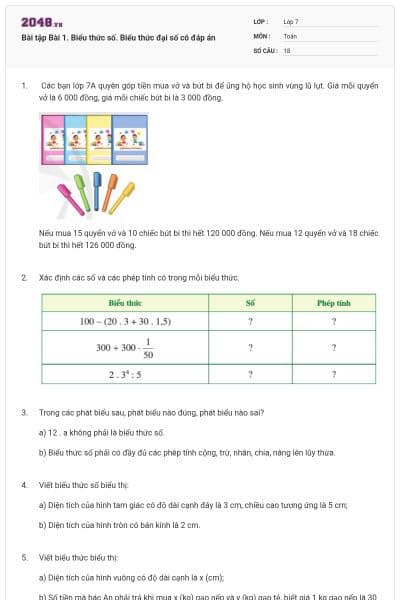 Bài tập Bài 1. Biểu thức số. Biểu thức đại số có đáp án