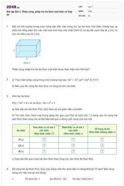 Bài tập Bài 3. Phép cộng, phép trừ đa thức một biến có đáp án
