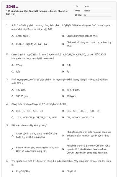 125 câu trắc nghiệm Dẫn xuất Halogen - Ancol - Phenol cơ bản (P3)