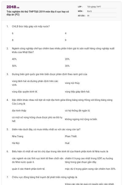 Trắc nghiệm thi thử THPTQG 2019 môn Địa lí cực hay có đáp án (P2)