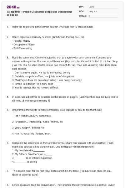 Bài tập Unit 1: People C: Describe people and Occupations có đáp án
