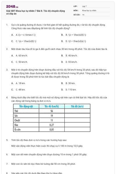 Giải SBT Khoa học tự nhiên 7 Bài 8. Tốc độ chuyển động có đáp án