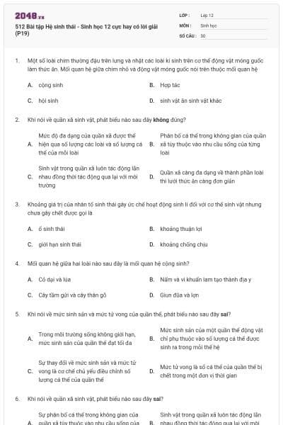 512 Bài tập Hệ sinh thái - Sinh học 12 cực hay có lời giải (P19)