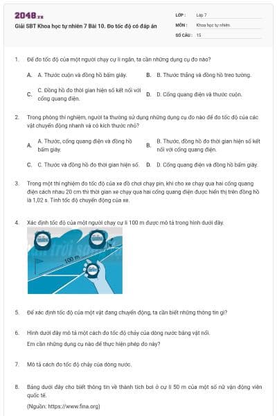 Giải SBT Khoa học tự nhiên 7 Bài 10. Đo tốc độ có đáp án