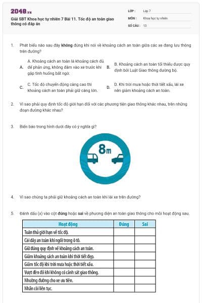 Giải SBT Khoa học tự nhiên 7 Bài 11. Tốc độ an toàn giao thông có đáp án