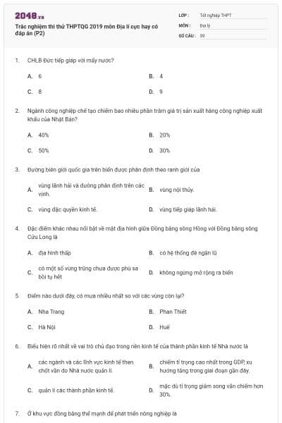Trắc nghiệm thi thử THPTQG 2019 môn Địa lí cực hay có đáp án (P2)