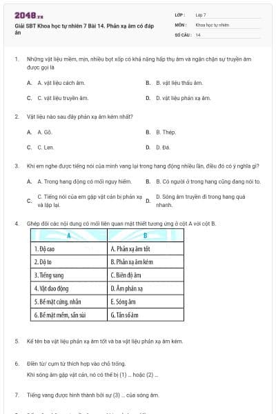 Giải SBT Khoa học tự nhiên 7 Bài 14. Phản xạ âm có đáp án