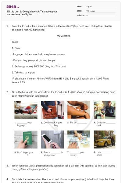 Bài tập Unit 3: Going places A: Talk about your possessions có đáp án