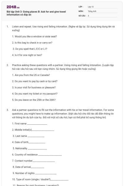 Bài tập Unit 3: Going places B: Ask for and give travel information có đáp án