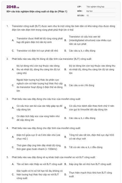 80+ câu trắc nghiệm Điện công suất có đáp án (Phần 1)