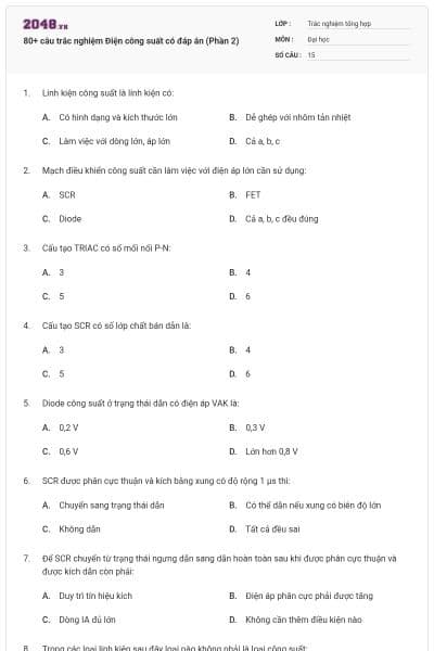 80+ câu trắc nghiệm Điện công suất có đáp án (Phần 2)