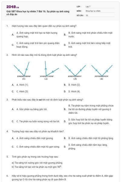 Giải SBT Khoa học tự nhiên 7 Bài 16. Sự phản xạ ánh sáng có đáp án