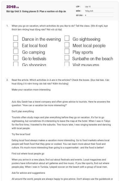 Bài tập Unit 3: Going places D: Plan a vaction có đáp án