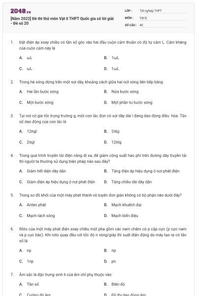 [Năm 2022] Đề thi thử môn Vật lí THPT Quốc gia có lời giải - Đề số 20