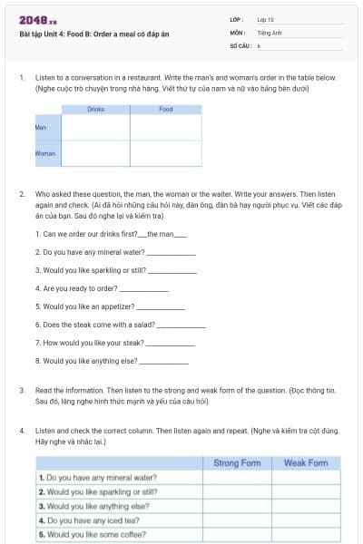 Bài tập Unit 4: Food B: Order a meal có đáp án