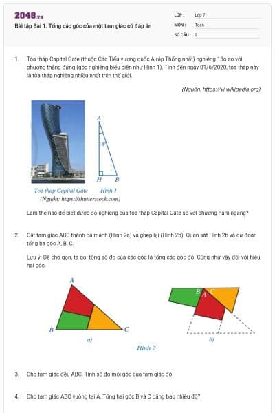 Bài tập Bài 1. Tổng các góc của một tam giác có đáp án