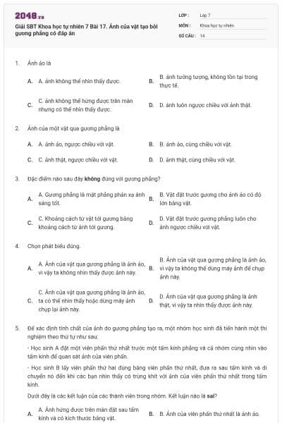 Giải SBT Khoa học tự nhiên 7 Bài 17. Ảnh của vật tạo bởi gương phẳng có đáp án