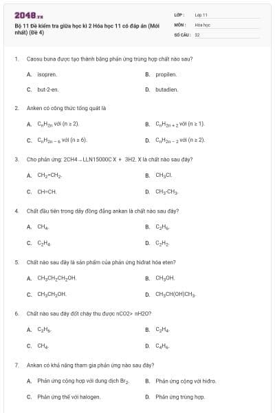 Bộ 11 Đề kiểm tra giữa học kì 2 Hóa học 11 có đáp án (Mới nhất) (Đề 4)