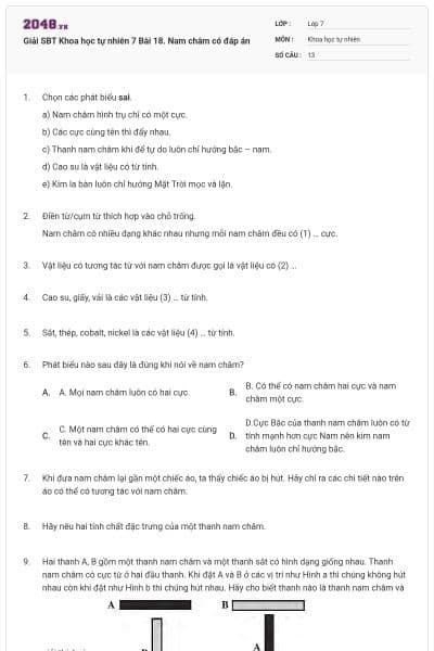 Giải SBT Khoa học tự nhiên 7 Bài 18. Nam châm có đáp án