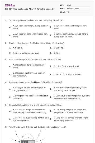 Giải SBT Khoa học tự nhiên 7 Bài 19. Từ trường có đáp án