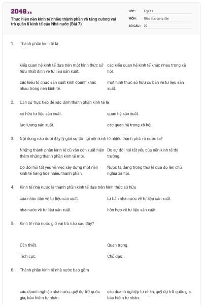 Thực hiện nền kinh tế nhiều thành phần và tăng cường vai trò quản lí kinh tế của Nhà nước (Bài 7)