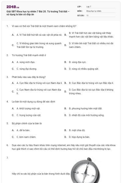 Giải SBT Khoa học tự nhiên 7 Bài 20. Từ trường Trái Đất – sử dụng la bàn có đáp án