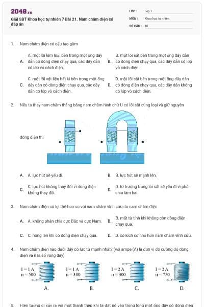 Giải SBT Khoa học tự nhiên 7 Bài 21. Nam châm điện có đáp án