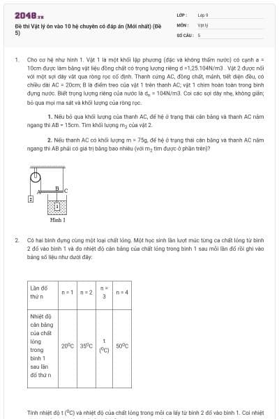 Đề thi Vật lý ôn vào 10 hệ chuyên có đáp án (Mới nhất) (Đề 5)