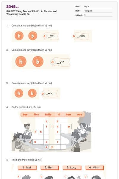 Giải SBT Tiếng Anh lớp 3 Unit 1: A. Phonics and Vocabulary có đáp án