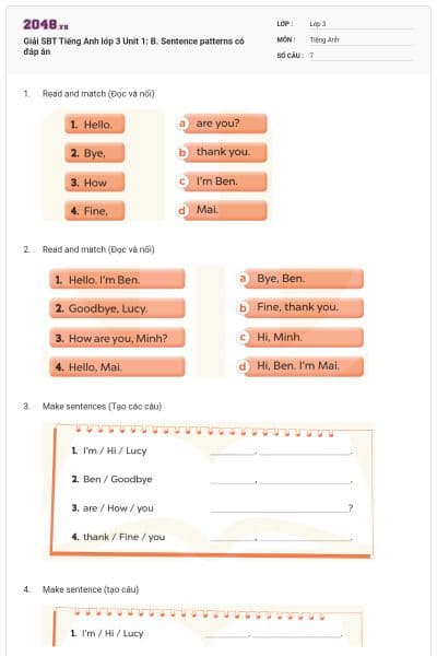 Giải SBT Tiếng Anh lớp 3 Unit 1: B. Sentence patterns có đáp án