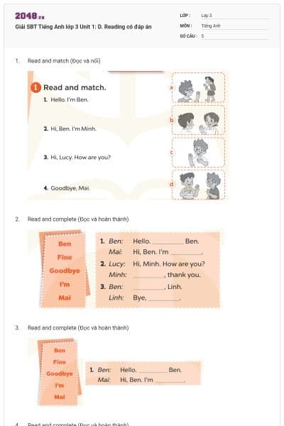 Giải SBT Tiếng Anh lớp 3 Unit 1: D. Reading có đáp án