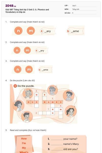 Giải SBT Tiếng Anh lớp 3 Unit 2: A. Phonics and Vocabulary có đáp án