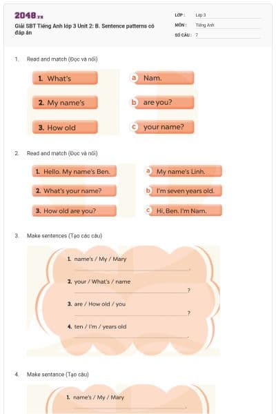 Giải SBT Tiếng Anh lớp 3 Unit 2: B. Sentence patterns có đáp án