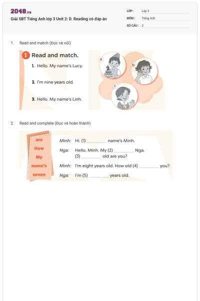Giải SBT Tiếng Anh lớp 3 Unit 2: D. Reading có đáp án