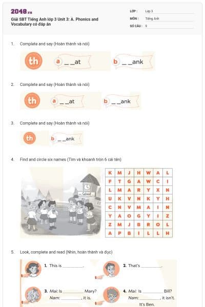 Giải SBT Tiếng Anh lớp 3 Unit 3: A. Phonics and Vocabulary có đáp án