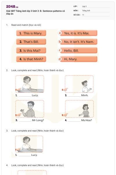 Giải SBT Tiếng Anh lớp 3 Unit 3: B. Sentence patterns có đáp án