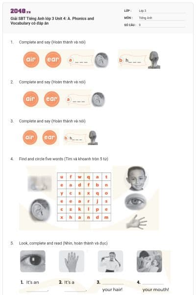 Giải SBT Tiếng Anh lớp 3 Unit 4: A. Phonics and Vocabulary có đáp án