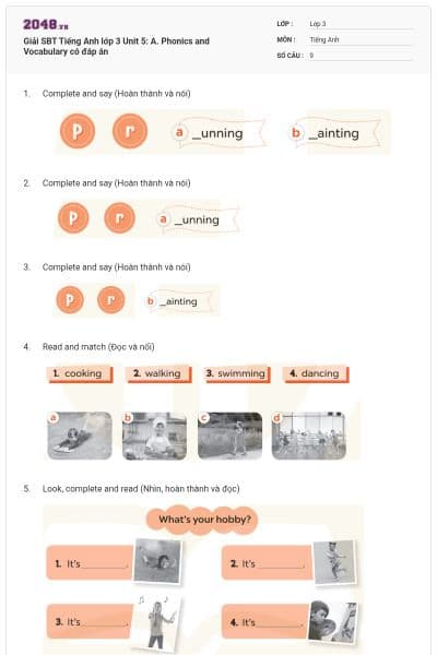 Giải SBT Tiếng Anh lớp 3 Unit 5: A. Phonics and Vocabulary có đáp án