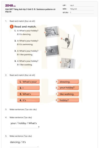 Giải SBT Tiếng Anh lớp 3 Unit 5: B. Sentence patterns có đáp án