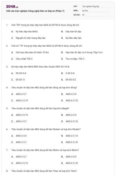 330 câu trắc nghiệm Công nghệ Hàn có đáp án (Phần 7)