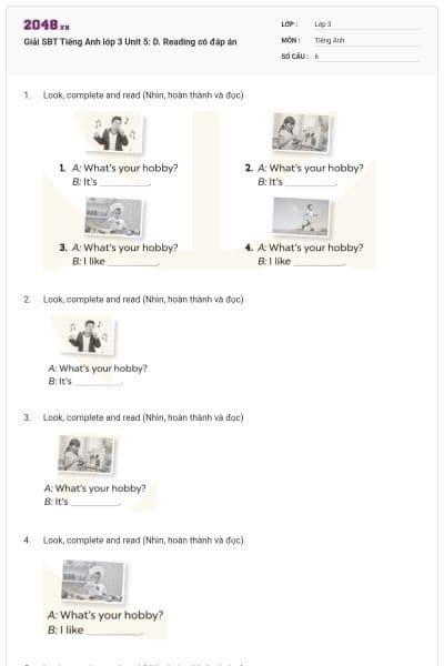 Giải SBT Tiếng Anh lớp 3 Unit 5: D. Reading có đáp án