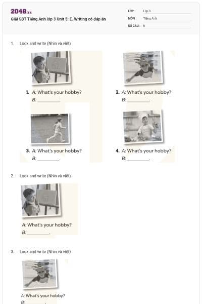 Giải SBT Tiếng Anh lớp 3 Unit 5: E. Writing có đáp án