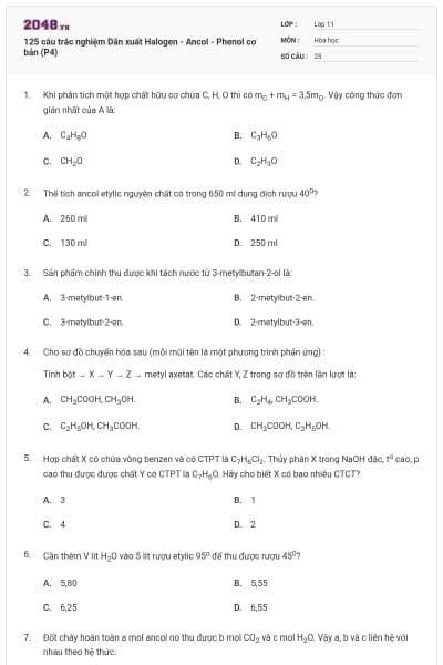 125 câu trắc nghiệm Dẫn xuất Halogen - Ancol - Phenol cơ bản (P4)