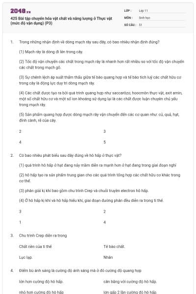 425 Bài tập chuyển hóa vật chất và năng lượng ở Thực vật (mức độ vận dụng) (P3)