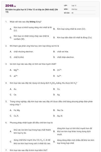 Đề kiểm tra giữa học kì 2 Hóa 12 có đáp án (Mới nhất) (Đề 19)