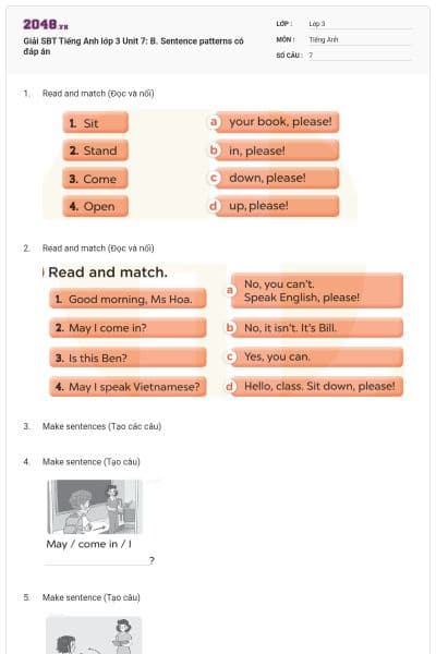 Giải SBT Tiếng Anh lớp 3 Unit 7: B. Sentence patterns có đáp án