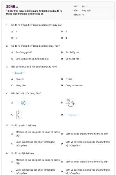 10 Câu trắc nghiệm Công nghệ 12 Cánh diều Sơ đồ hệ thống điện trong gia đình có đáp án