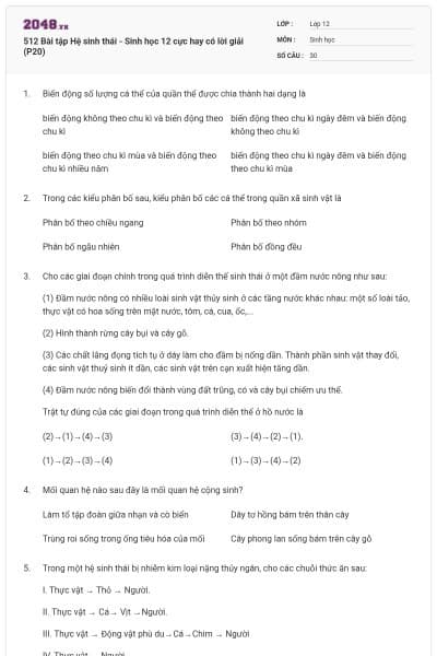 512 Bài tập Hệ sinh thái - Sinh học 12 cực hay có lời giải (P20)