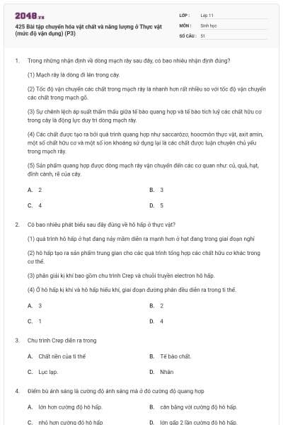 425 Bài tập chuyển hóa vật chất và năng lượng ở Thực vật (mức độ vận dụng) (P3)